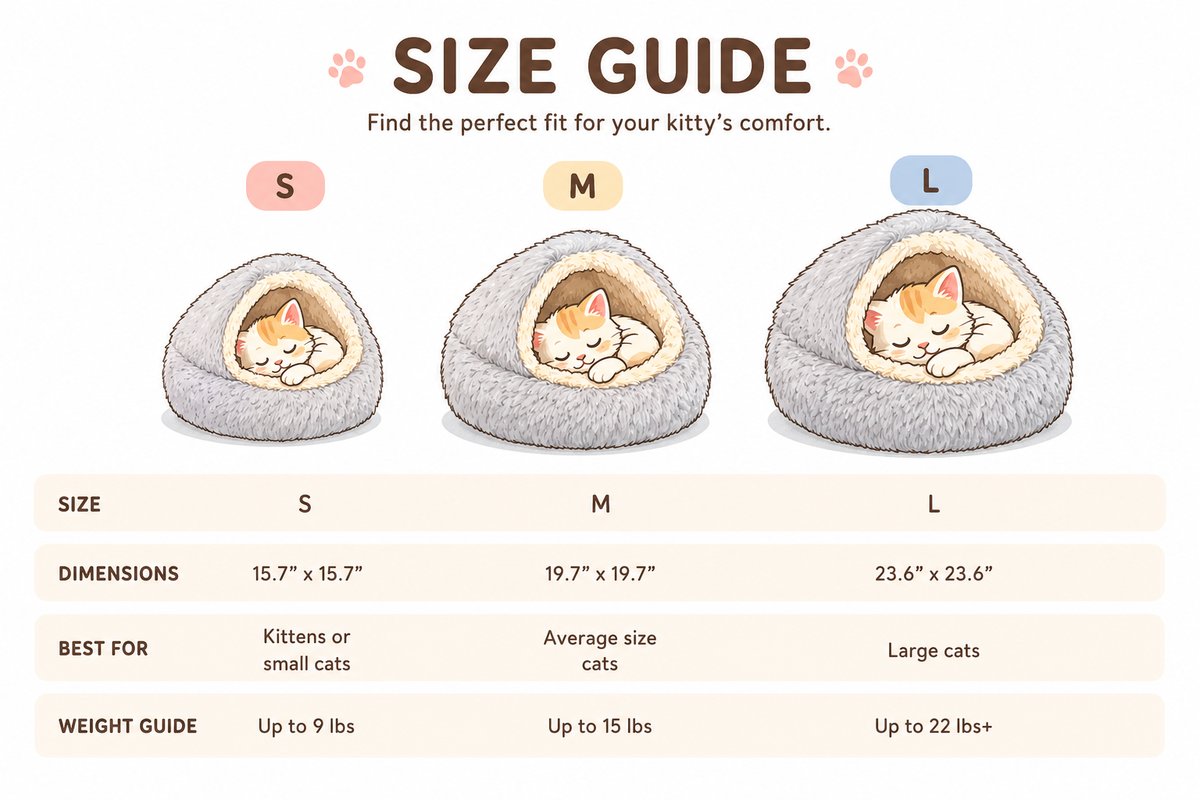 Size guide: S 15.7 by 15.7 inches for cats up to 9 lbs, M 19.7 by 19.7 inches up to 15 lbs, L 23.6 by 23.6 inches up to 22 lbs and over